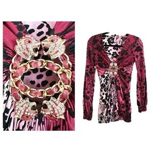 SKY Halo RARE Pink Animal Print Jaguar Metal Chain Rhinestone Medallion Top Y2K